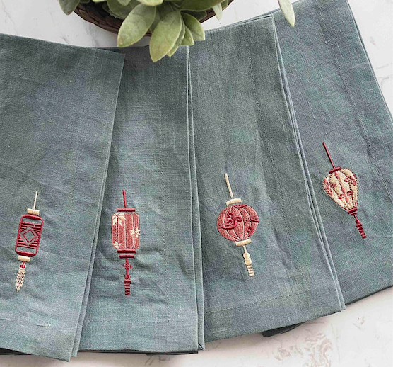 Lanterns Embroidered Linen Napkins - Set of 4 Main Image